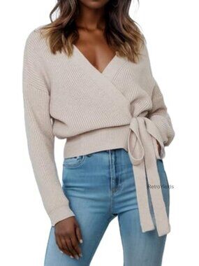 Women's Lace-Up Wrap Pullover Sweater V Neck Long Sleeve Knit Top